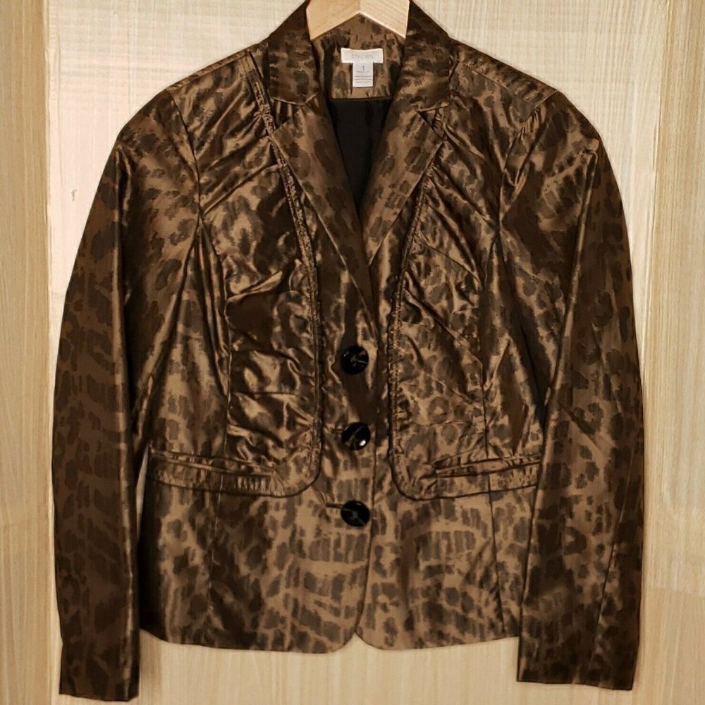 Chico's Womens Satin Feel Leopard Print Blazer 8